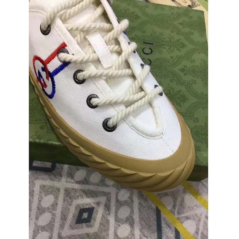 Gucci Unisex Interlocking G Sneaker Beige Cotton Rubber Sole Lace-Up Closure Flat