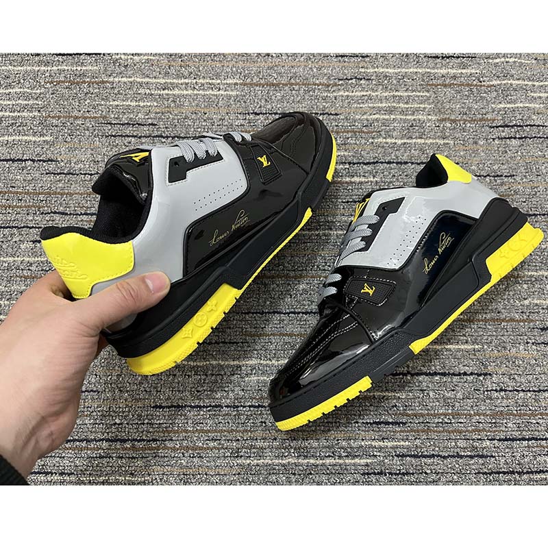 Louis Vuitton Unisex LV Trainer Sneaker Black Patent Canvas Rubber Outsole Monogram Flowers