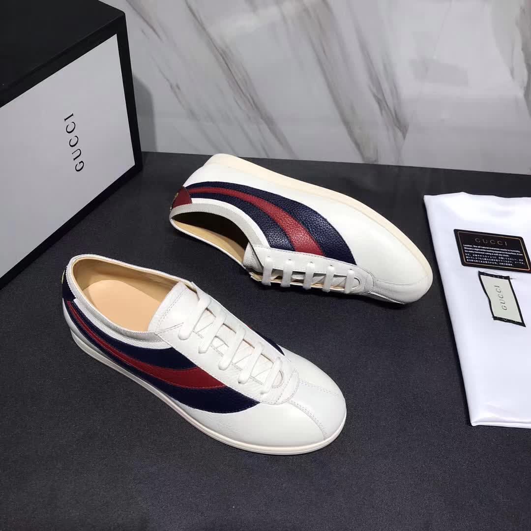 Gucci Men Leather Low-Top Sneaker Shoes with Web Stripe-White