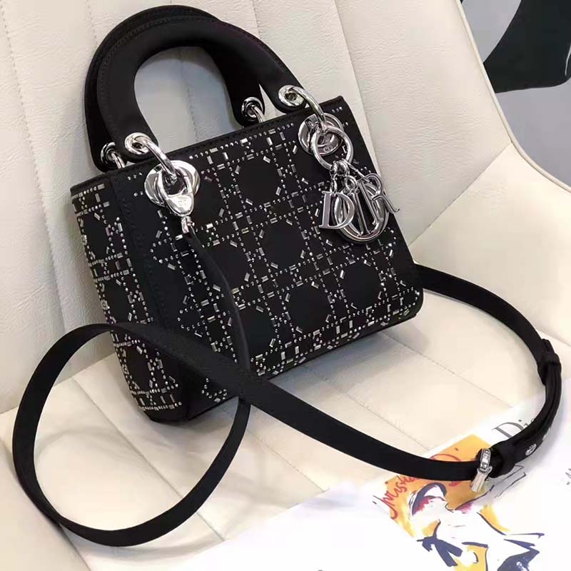 Dior Women CD Mini Lady Dior Bag Black Strass Cannage Satin