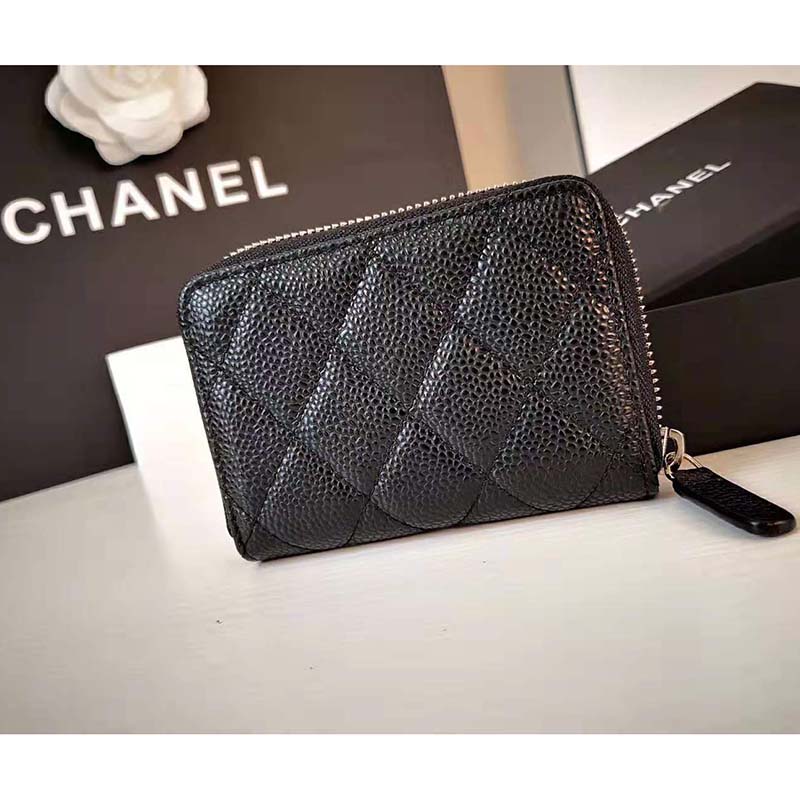 Chanel Women Classic Zipped Coin Purse in Grained Calfskin & Silver-Tone Metal-Black