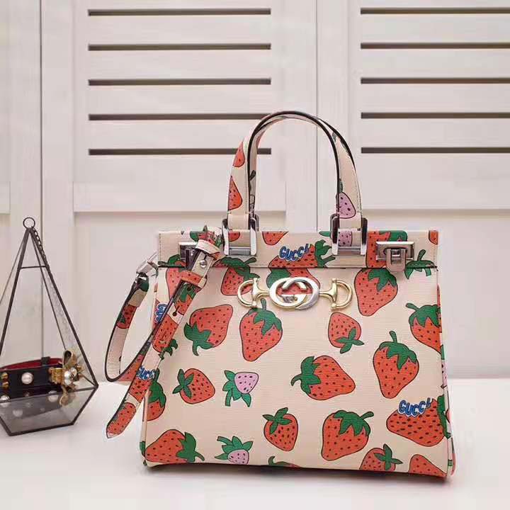 Gucci GG Women Gucci Zumi Strawberry Print Medium Top Handle Bag in Gucci Strawberry Print Ivory Leather