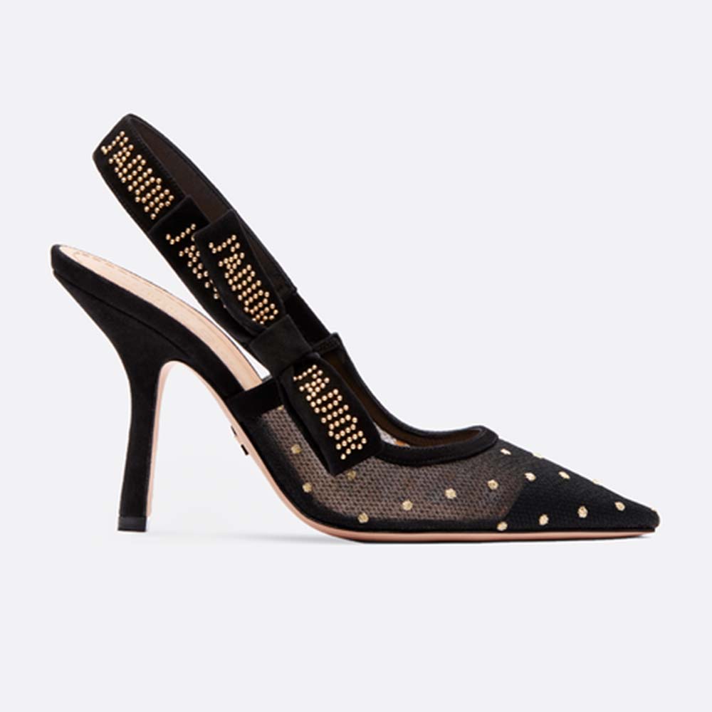 Dior Women J’adior Slingback in Gold-Tone Dotted Swiss in 10 cm Heel-Black