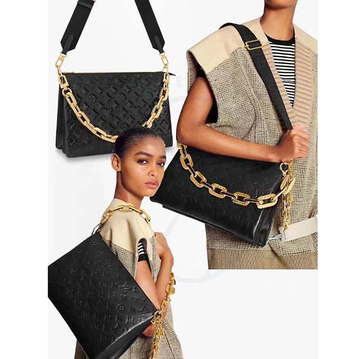 Louis Vuitton LV Women Coussin MM Handbag Black Monogram Embossed Puffy Lambskin