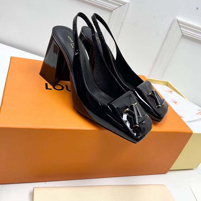 Louis Vuitton LV Women Shake Slingback Pump Black Patent Calf Leather Lambskin 9.5 Cm Heel