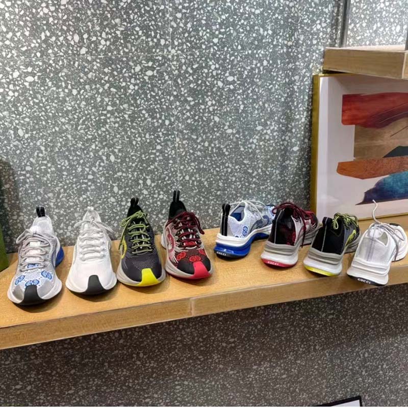 Gucci Unisex Run Sneaker White Blue GG Technical Knit Fabric Interlocking G Rubber