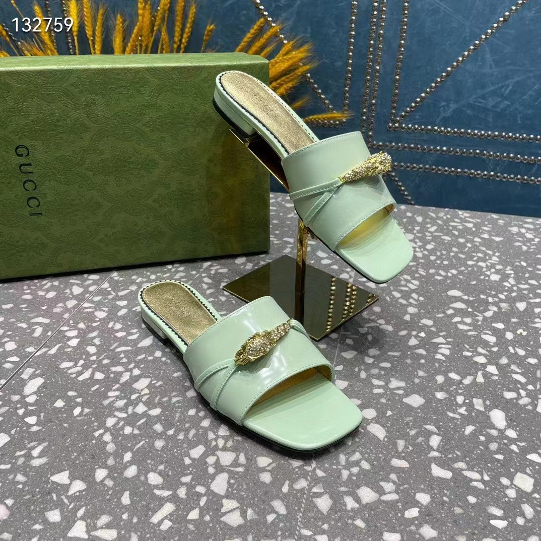 Gucci Women GG Slide Sandal Tiger Head Light Green Leather Flat
