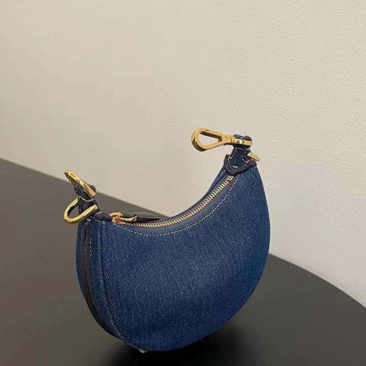 Fendi Women FF Nano Fendigraphy Hobo Bag Blue Denim Charm