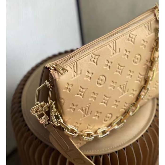 Louis Vuitton LV Women Coussin PM Handbag Camel Monogram Embossed Puffy Lambskin Calfskin Leather