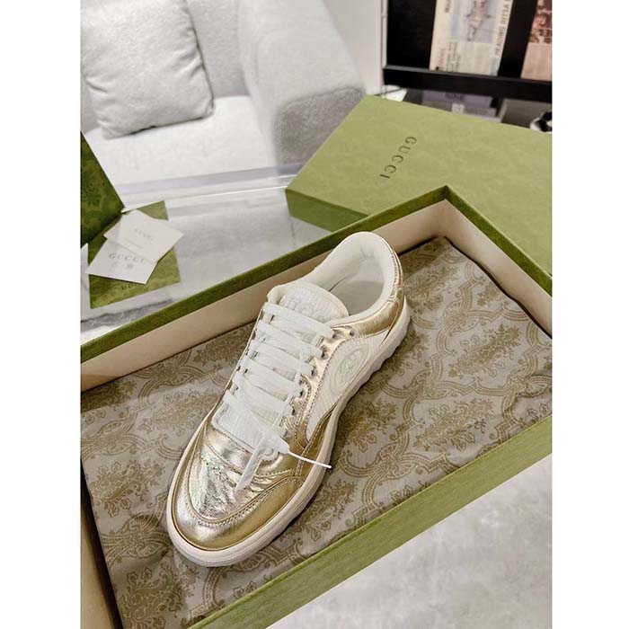 Gucci Unisex GG MAC80 Sneaker Metallic Gold Leather Interlocking G Embroidery Round Toe Rubber Flat