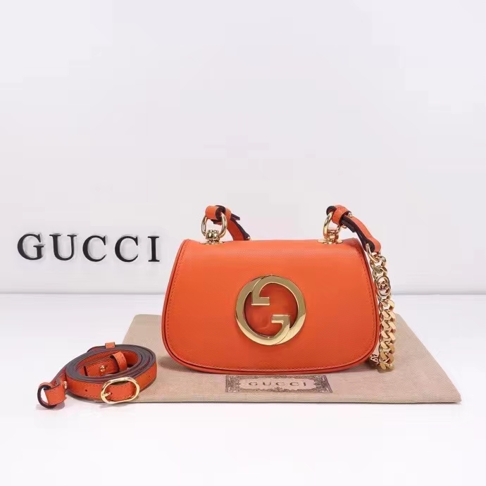 Gucci Women GG Blondie Mini Shoulder Bag Orange Leather Round Interlocking G Chain