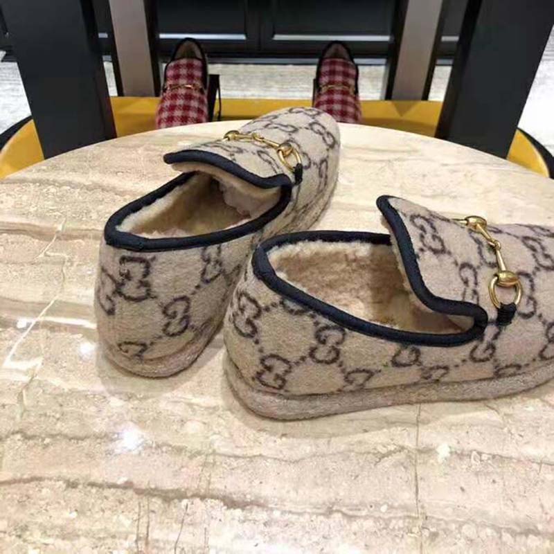 Gucci Unisex GG Wool Loafer in Beige and Ebony GG Wool