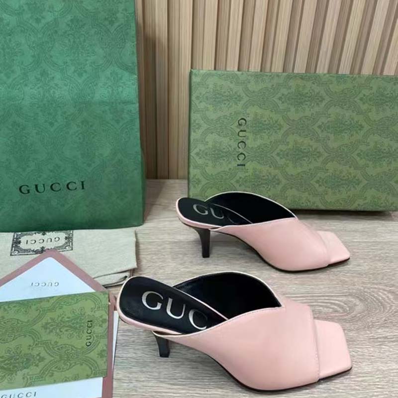 Gucci Women GG Mid-Heel Open Toe Pump Light Pink Leather Square Toe