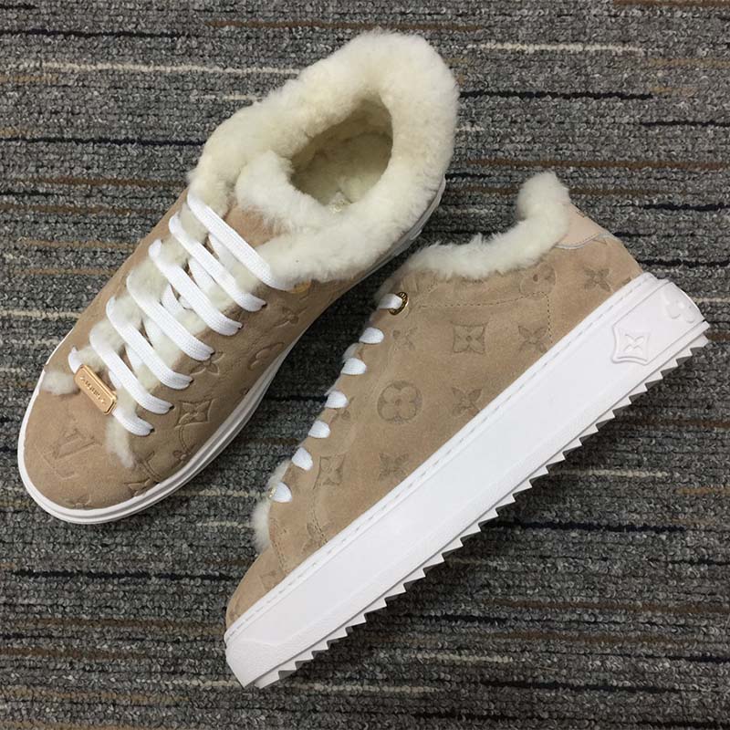 Louis Vuitton Women LV Time Out Sneaker Monogram Embossed Suede Calf Leather Shearling