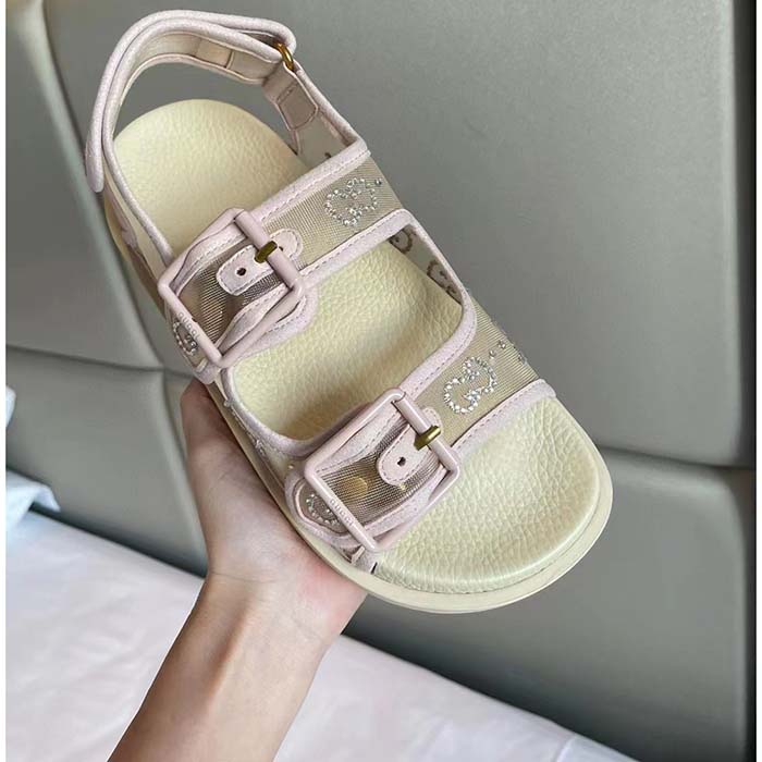 Gucci Women GG Sandal Crystals Rose Beige Mesh Tonal Suede Rubber Sole Flat