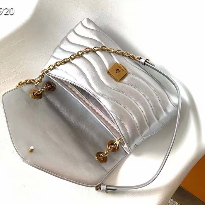 Louis Vuitton LV Women New Wave Chain Bag MM Metallic Gray Quilted Cowhide Leather