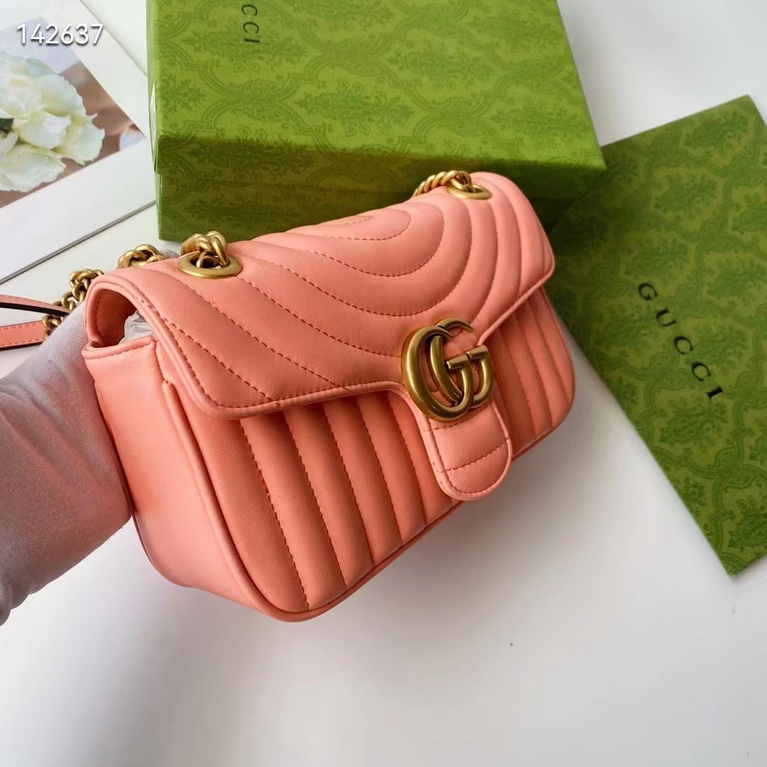 Gucci Women GG Marmont Small Shoulder Bag Peach Matelassé Round Leather