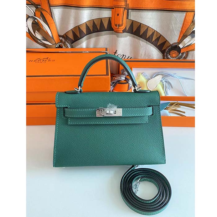 Hermes Women Mini Kelly 20 Bag Epsom Leather Silver Hardware-Green