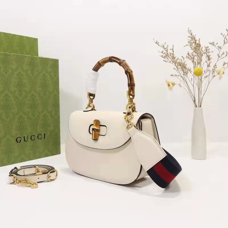 Gucci Women GG Small Top Handle Bag Bamboo White Leather