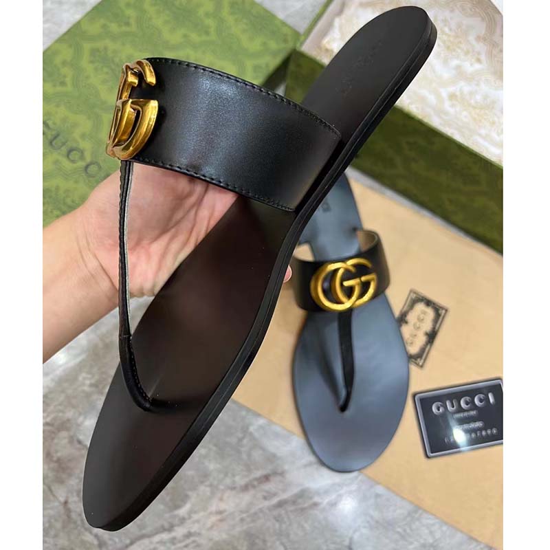 Gucci Women GG Leather Thong Sandal Double G Black Flat