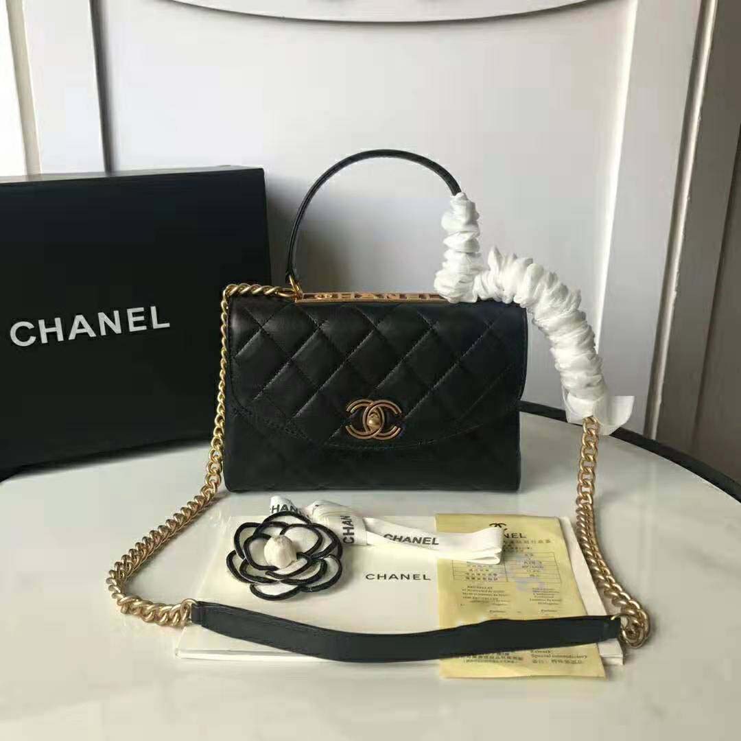 Chanel Women Flap Bag with Top Handle in Lambskin-Black
