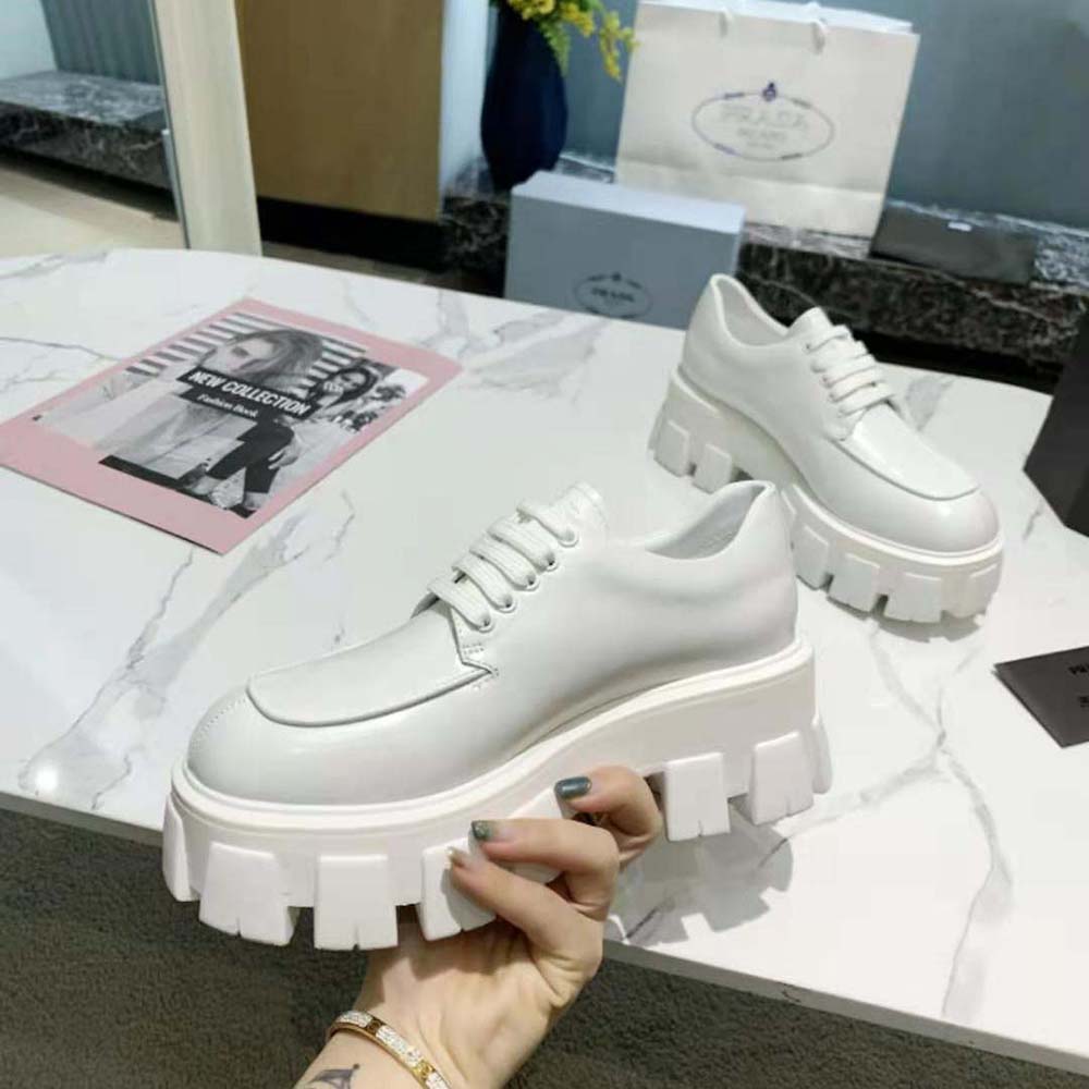 Prada Women Monolith Brushed Leather Lace-up Shoes-White