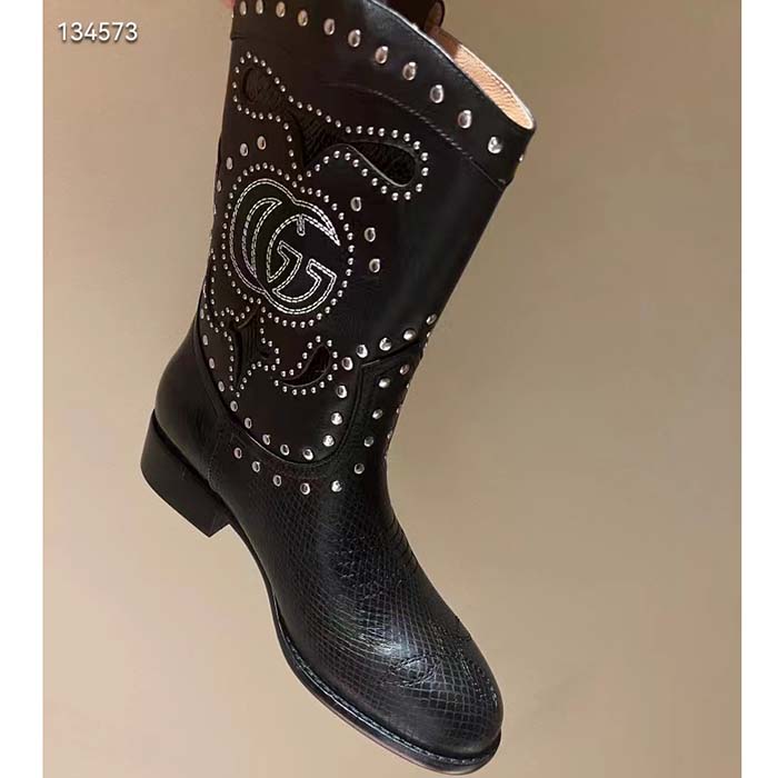 Gucci Women GG Boot Double G Embroidery Studs Black Leather Low 3.6 CM Heel