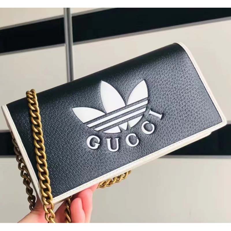 Gucci Women GG Adidas x Gucci Wallet Chain Black White Leather Interlocking G