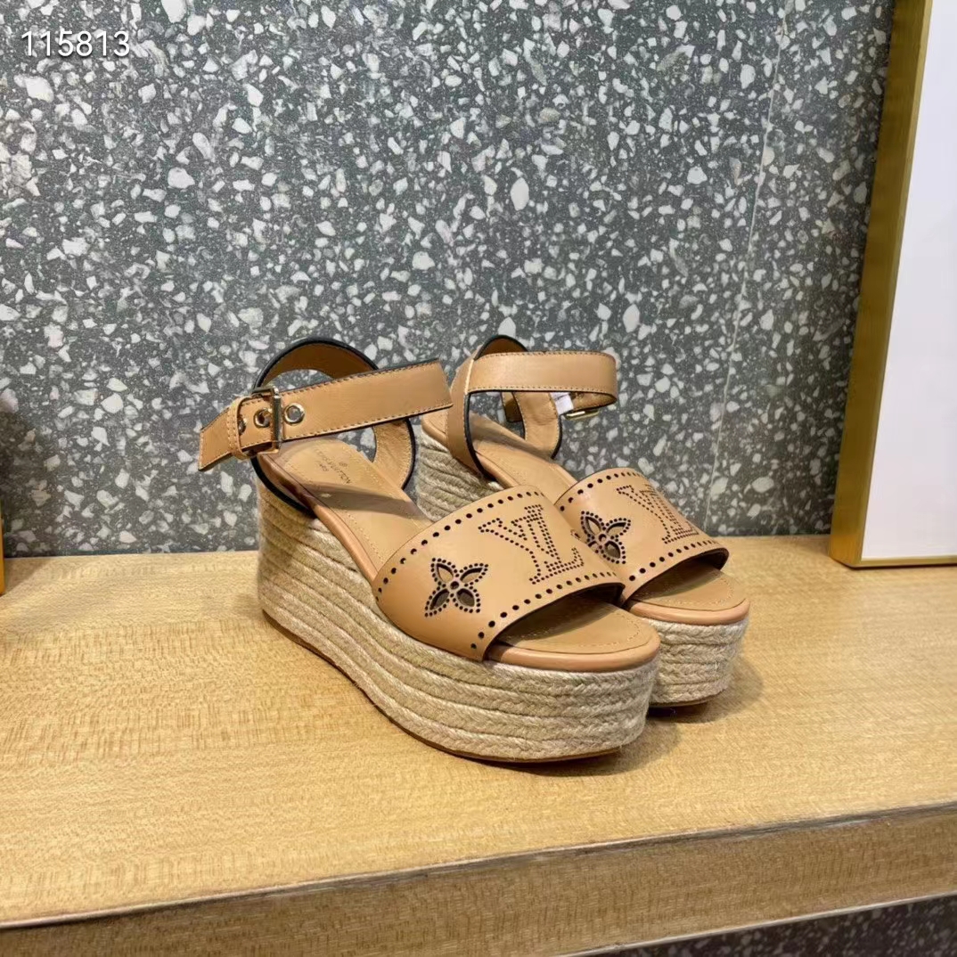 Louis Vuitton LV Women Starboard Wedge Sandal Perforated Calf Leather Rope Rubber