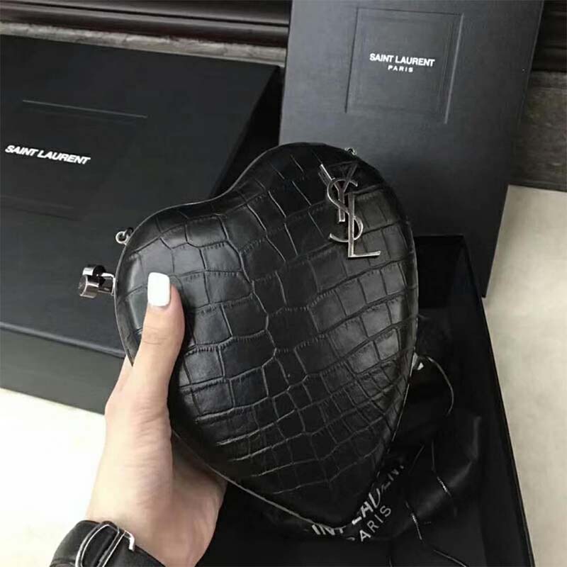 Saint Laurent YSL Women Love Box in Stamped Crocodile Leather-Black