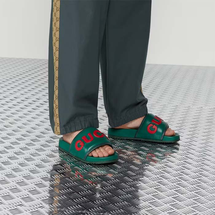 Gucci Unisex GG Slide Sandal Green Red Leather Script Rubber Flat 1 CM Heel