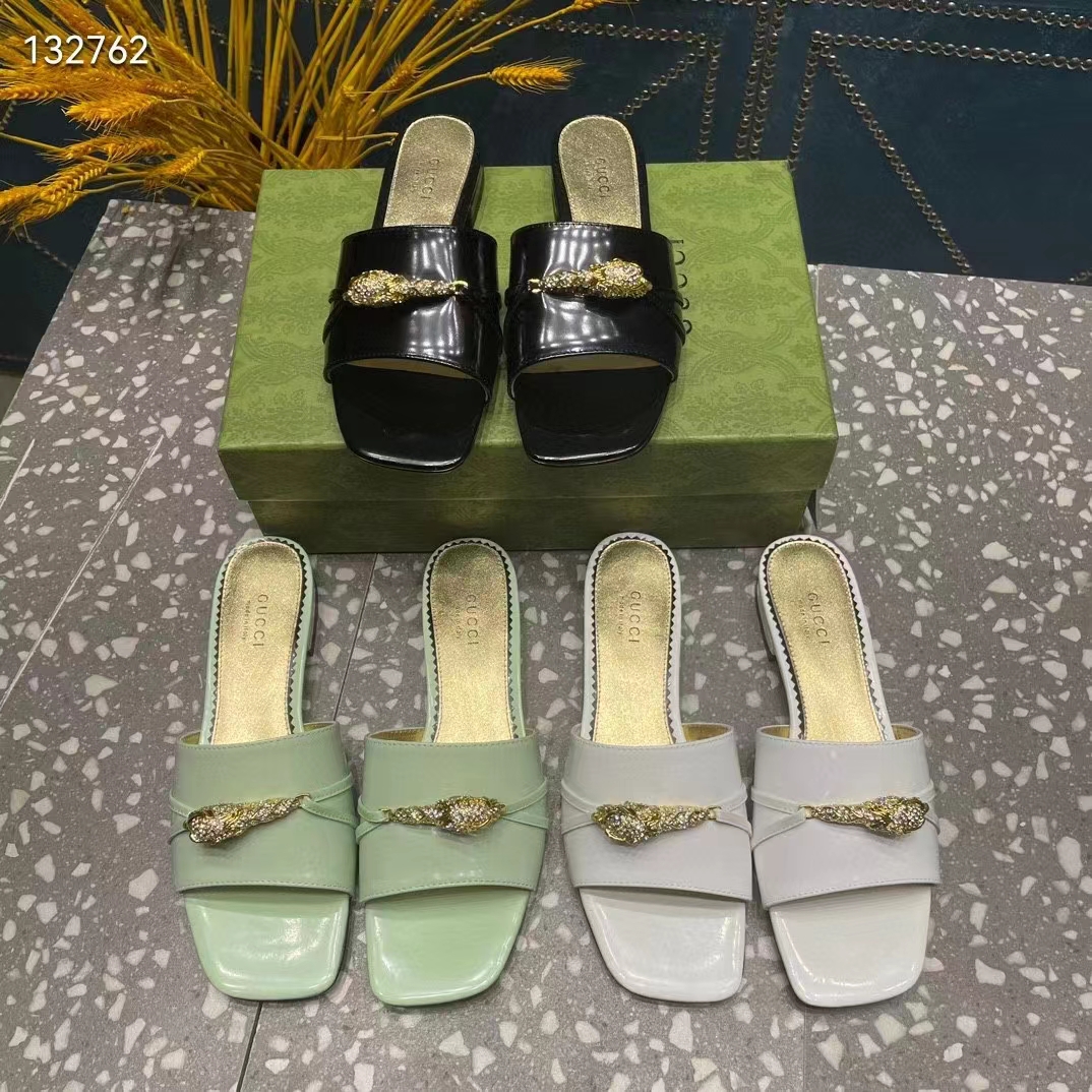 Gucci Women GG Slide Sandal Tiger Head Black Patent Leather Flat