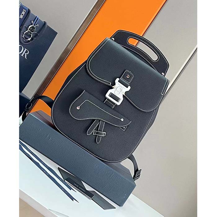 Dior Unisex CD Gallop Backpack Black Grained Calfskin Flap Front Saddle Flap