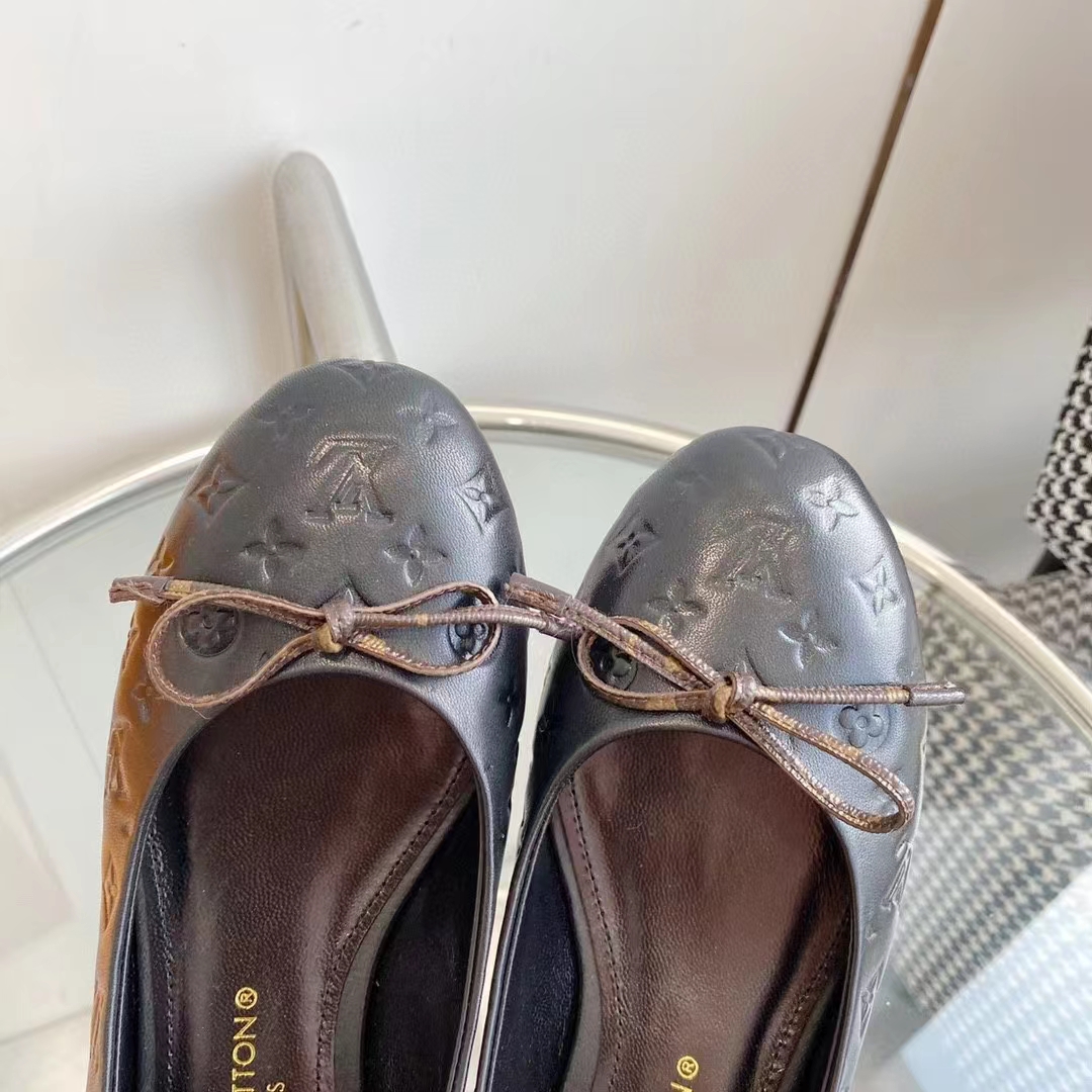 Louis Vuitton LV Women Nina Flat Ballerina Black Monogram Embossed Calf Leather Canvas Bow