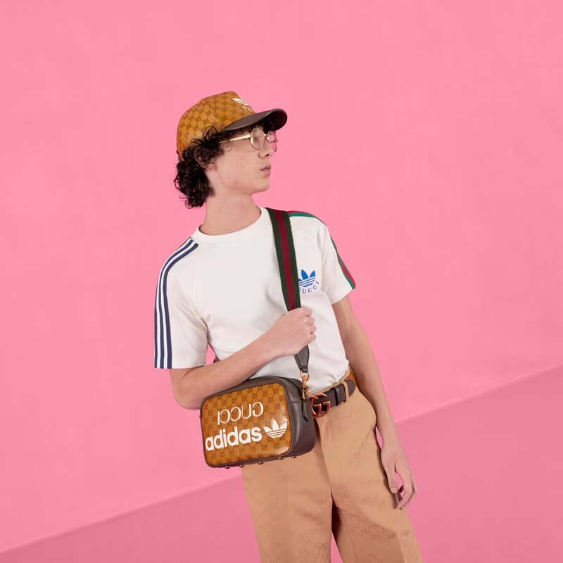 Gucci Unisex Adidas x Gucci Small Shoulder Bag Beige Brown GG Crystal Canvas