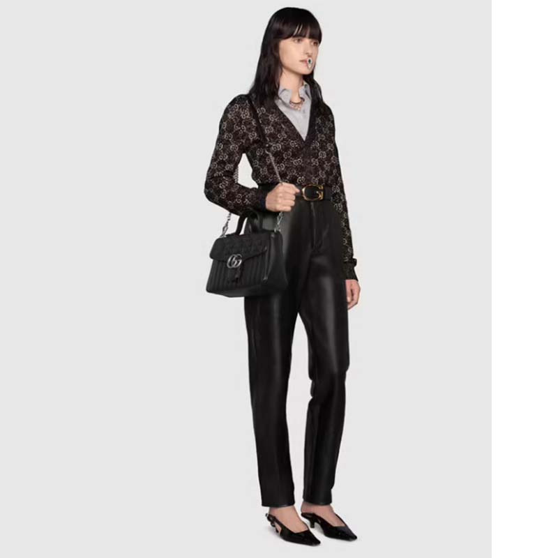 Gucci Unisex GG Marmont Small Top Handle Bag Black Matelassé Leather Double G