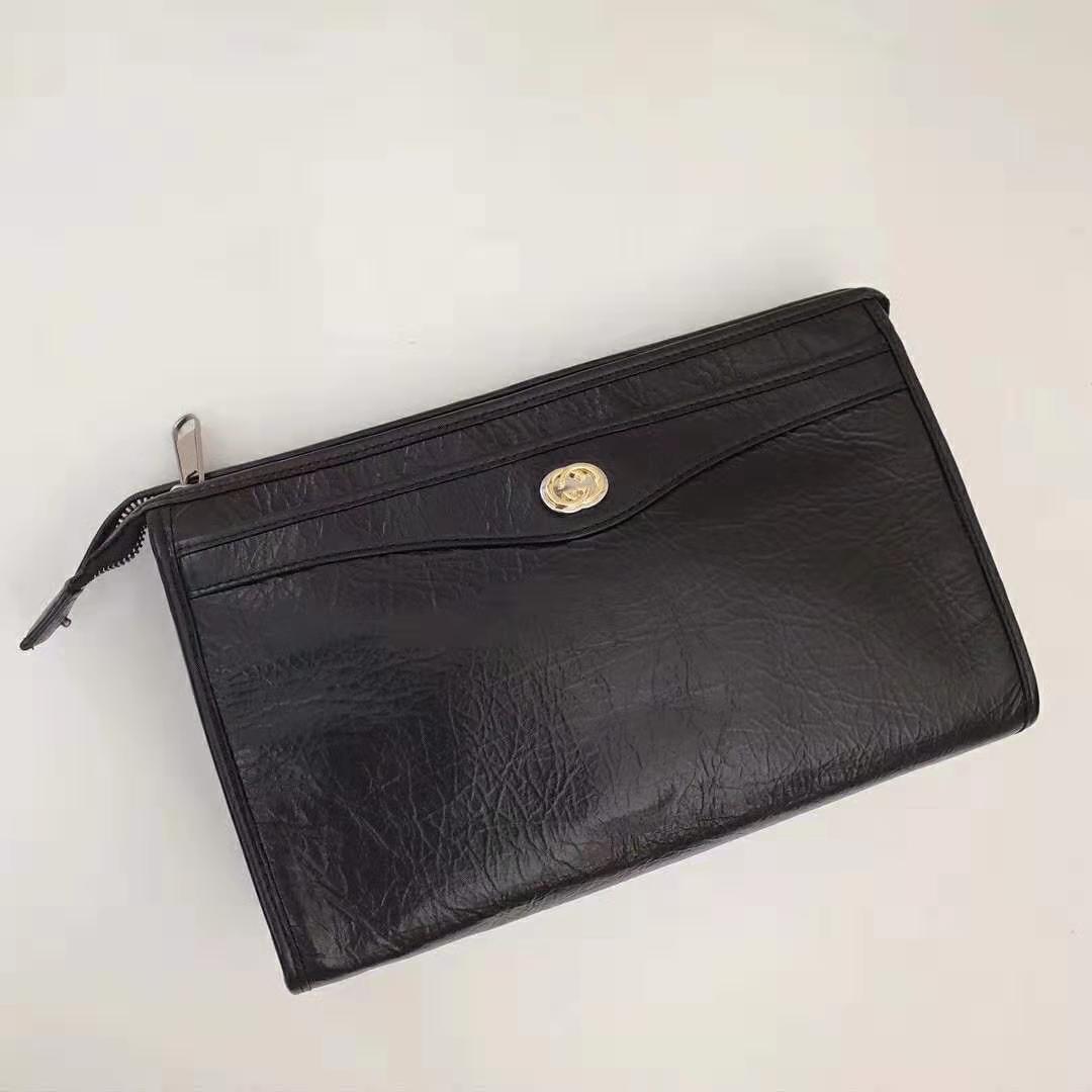 Gucci GG Men Pouch with Interlocking Bag in Black Soft Leather
