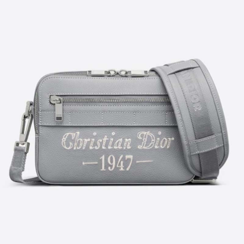 Dior Unisex CD Safari Messenger Bag Gray Grained Calfskin ‘Christian Dior 1947’ Signature
