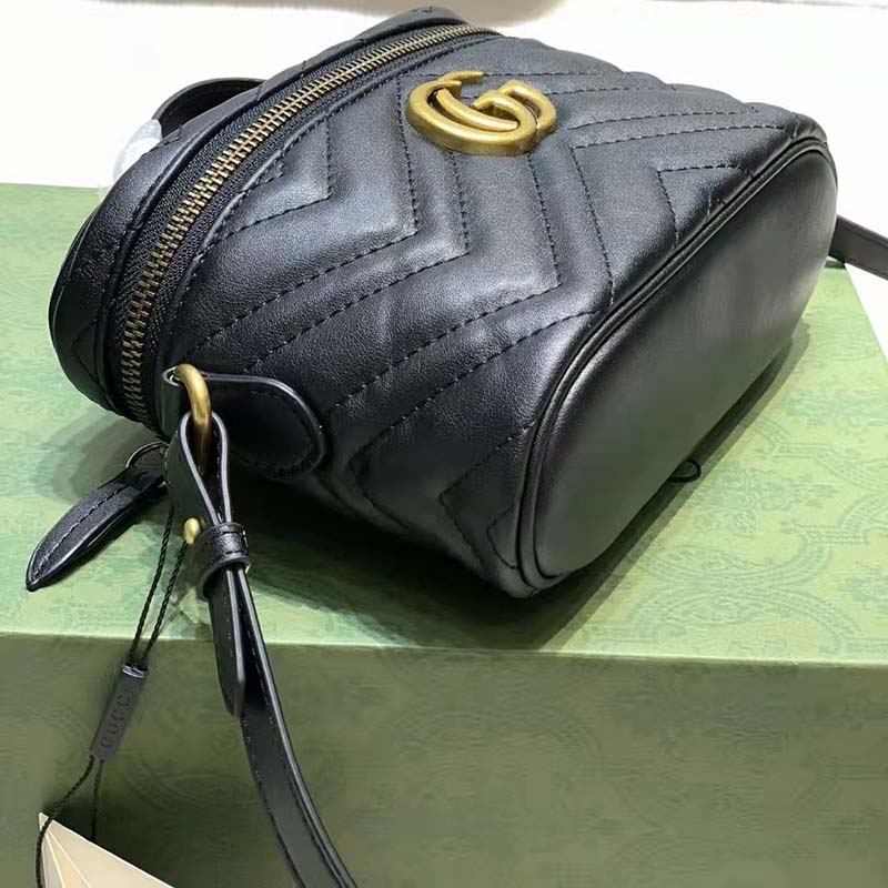 Gucci Unisex GG Marmont Cosmetic Case Black Matelassé Chevron Leather Double G