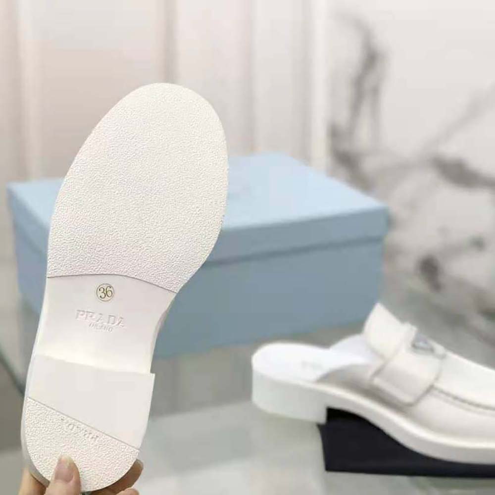 Prada Women Chocolate Brushed Leather Mules-White