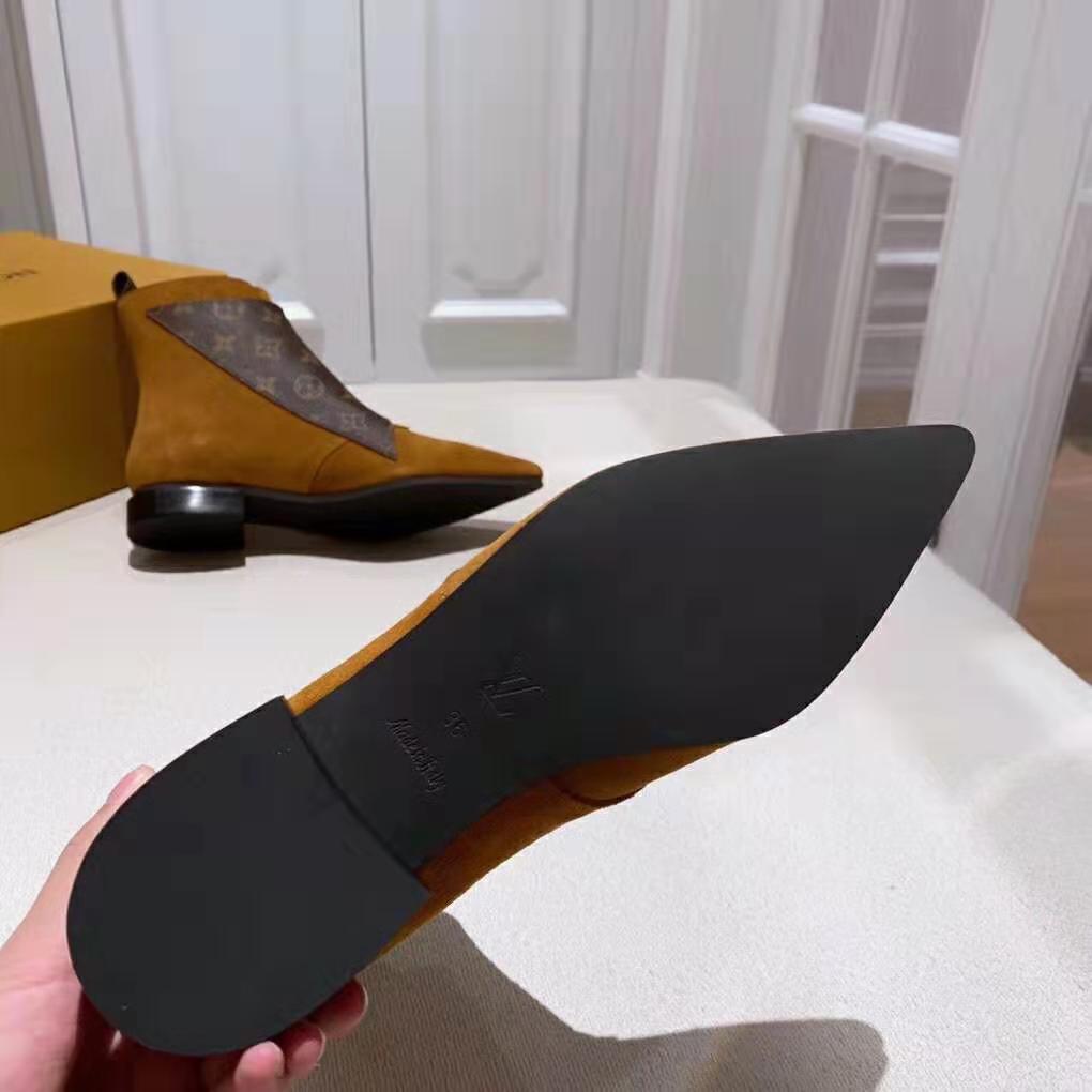 Louis Vuitton LV Women Jumble Flat Ankle Boot in Suede Calf Leather and Patent Monogram Canvas-Brown