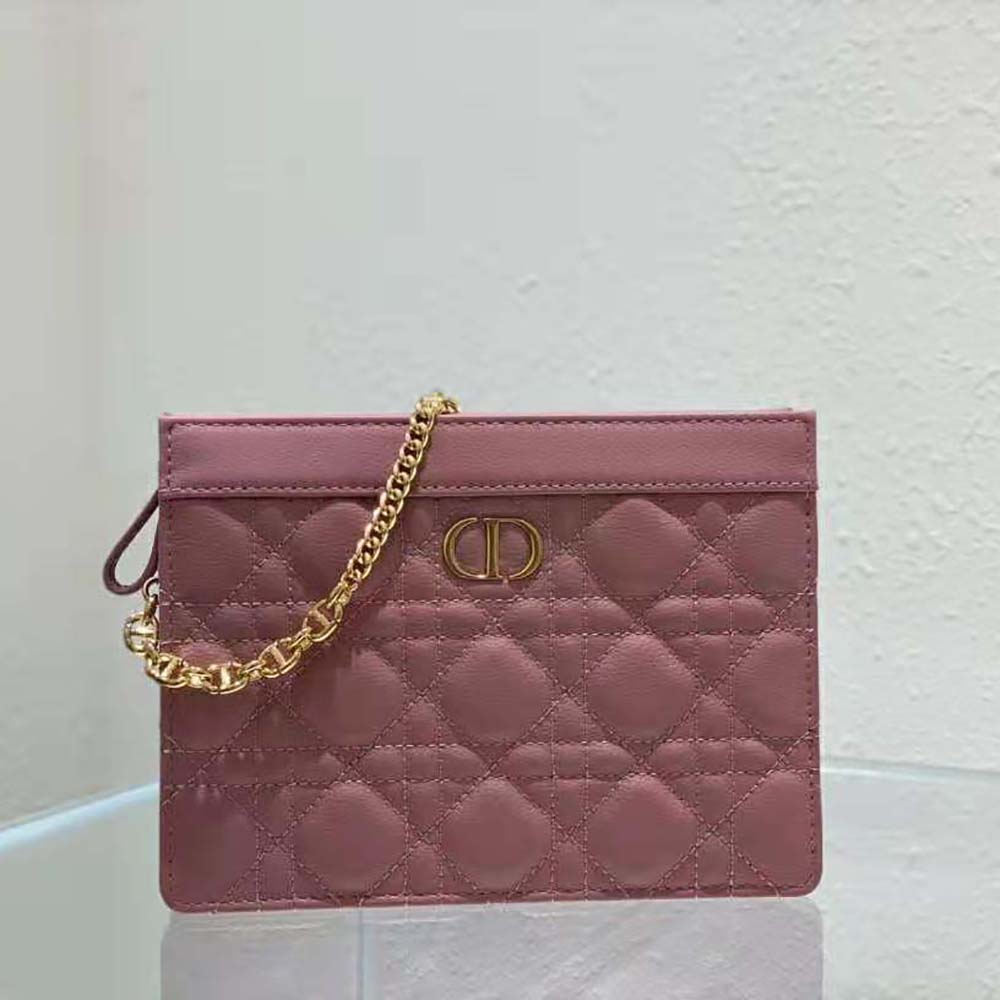 Dior Women Caro Zipped Pouch with Chain Cedar Pink Supple Cannage Calfskin