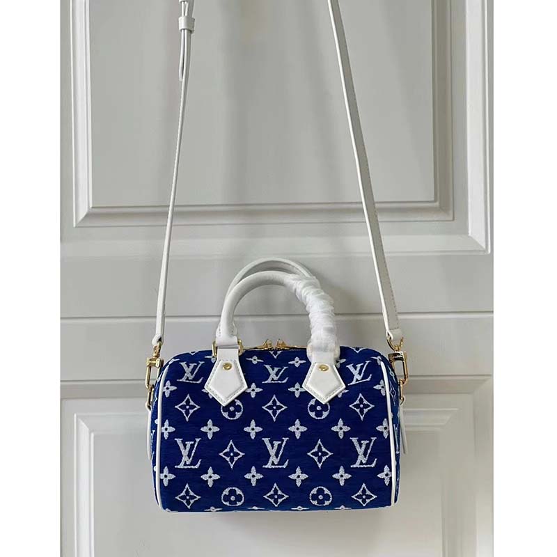 Louis Vuitton Women Speedy Bandouliere 20 Bag Blue Monogram Jacquard Velvet Cowhide