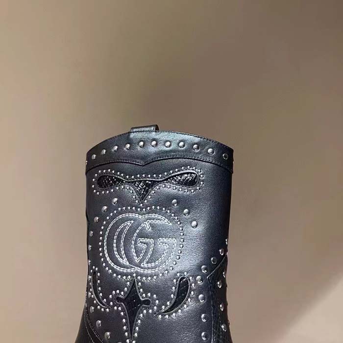 Gucci Women GG Boot Double G Embroidery Studs Black Leather Low 3.6 CM Heel