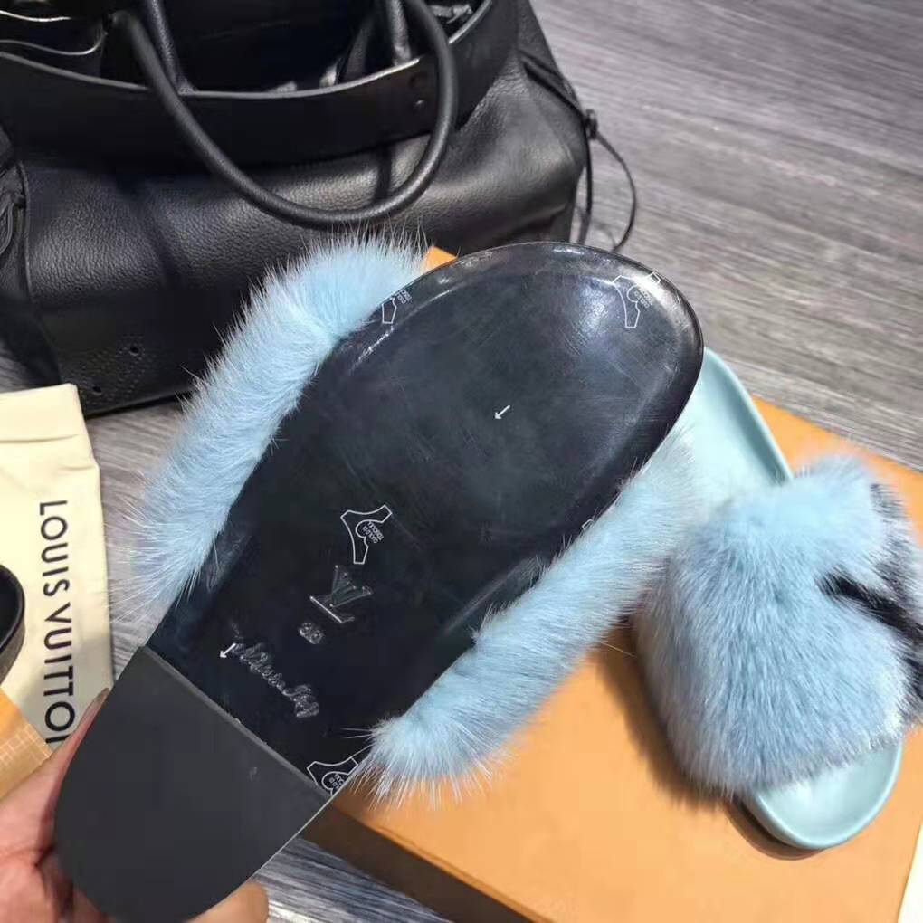 Louis Vuitton LV Women Furry Sandals in Mink Hair Leather-Blue