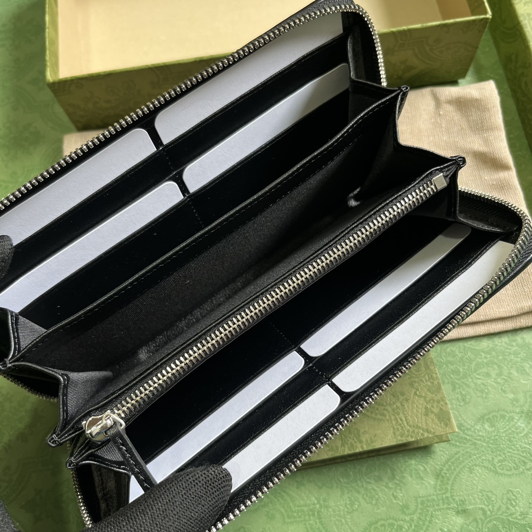 Gucci Unisex GG Blondie Zip Around Wallet Black Leather Round Interlocking G Zip Closure