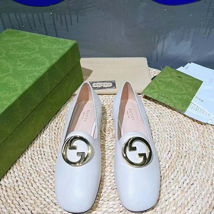 Gucci Women GG Blonde Ballet Flat White Round Interlocking G Leather