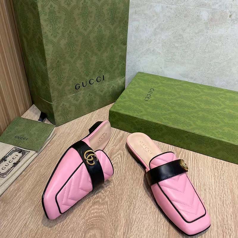 Gucci Women GG Slipper Double G Pink Leather Matelassé Chevron Insert