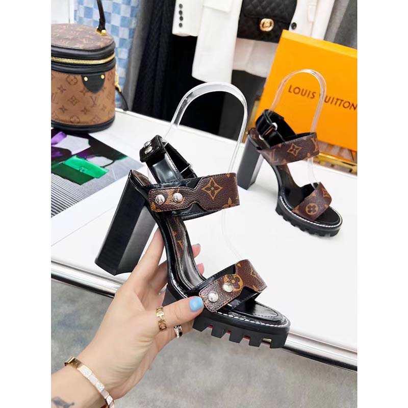 Louis Vuitton LV Women Star Trail Sandal Black Calf Leather Patent Monogram Canvas 9.5 cm Heel