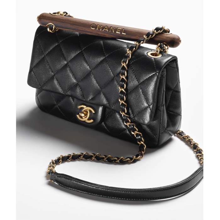 Chanel CC Women Bag Wooden Handle Calfskin Gold-Tone Metal